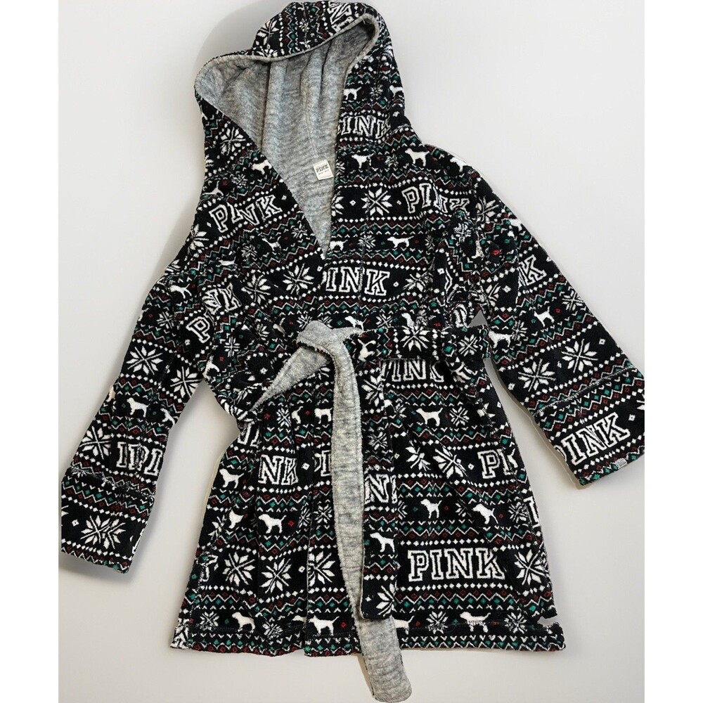 Victoria's Secret Plush Soft PINK Black White Snowflake Reversible Bathrobe XS S